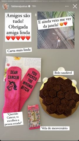 Fabi Justus recebeu presentes para comemorar um mês da pega de sua nova medula / Reprodução/Instagram