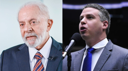 Montagem mostra duas fotos. Uma é o presidente Lula, à direita, usando terno preto e gravata listrada vermelha e azul. Na esquerda, o ex-deputado Arthur Bisneto também usa terno, mas cinza, uma gravata azul e discursa.