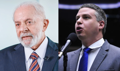 Montagem mostra duas fotos. Uma é o presidente Lula, à direita, usando terno preto e gravata listrada vermelha e azul. Na esquerda, o ex-deputado Arthur Bisneto também usa terno, mas cinza, uma gravata azul e discursa.