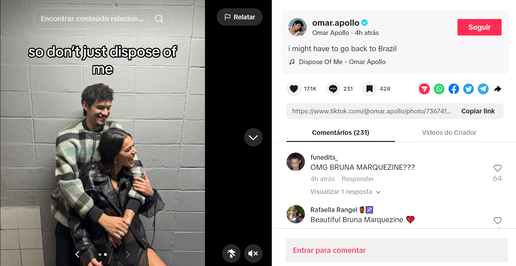 Omar Apollo e Bruna Marquezine abraçados em novos registros / Reprodução/ TikTok