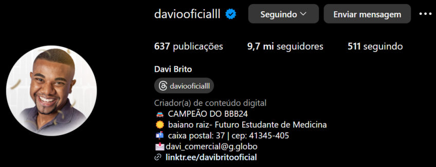 Perfil de Davi Brito no Instagram / Instagram/Reprodução