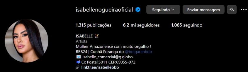 Perfil de Isabelle Nogueira no Instagram / Instagram/Reprodução