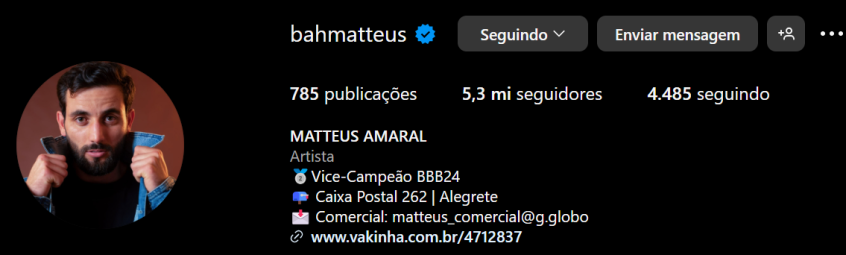 Perfil de Matteus Amaral no Instagram / Instagram/Reprodução