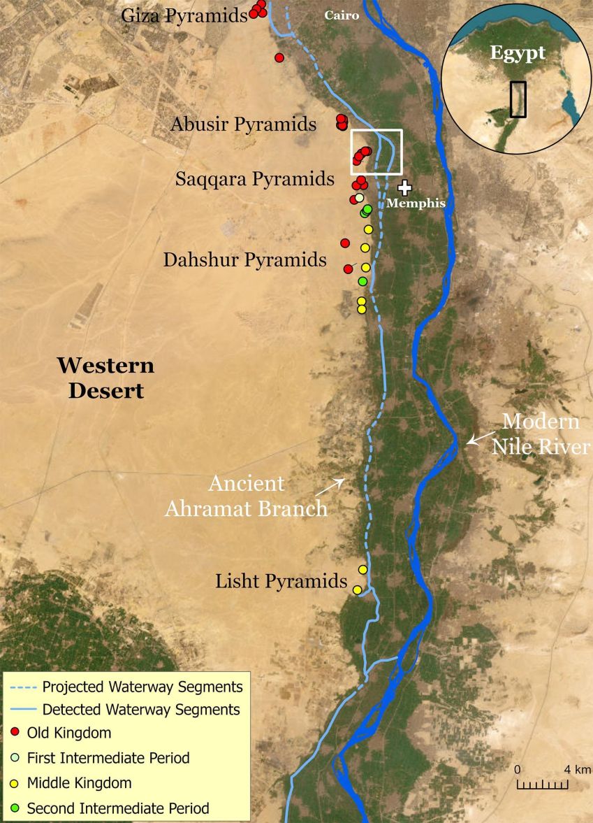 Os antigos egípcios provavelmente usaram o agora extinto Ramo Ahramat (Ancient Ahramat Branch, na imagem) para construir muitas pirâmides (crédito: Eman Ghoneim et al)