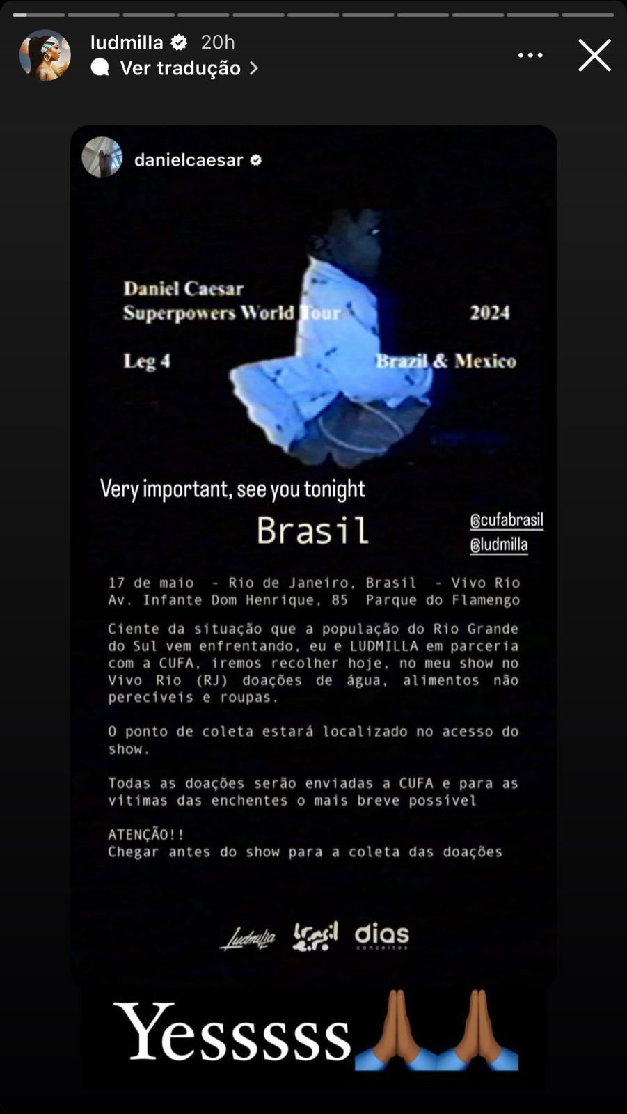 Daniel Caesar recolheu doações para o RS no acesso do seu show no Rio / Reprodução/Instagram