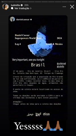 Daniel Caesar recolheu doações para o RS no acesso do seu show no Rio / Reprodução/Instagram