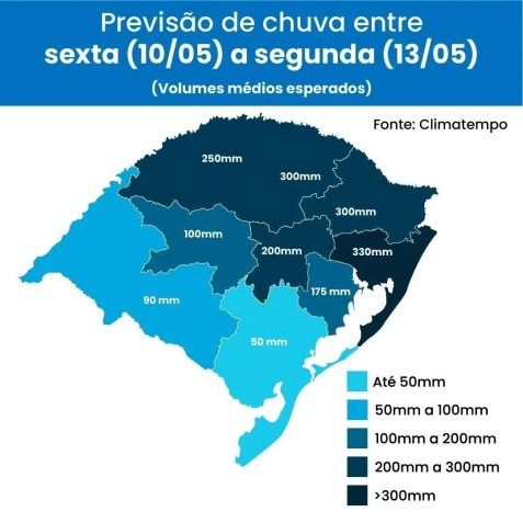 Volume de chuva previsto para o Rio Grande de 10 a 13 de maio de 2024 / Reprodução/Climatempo