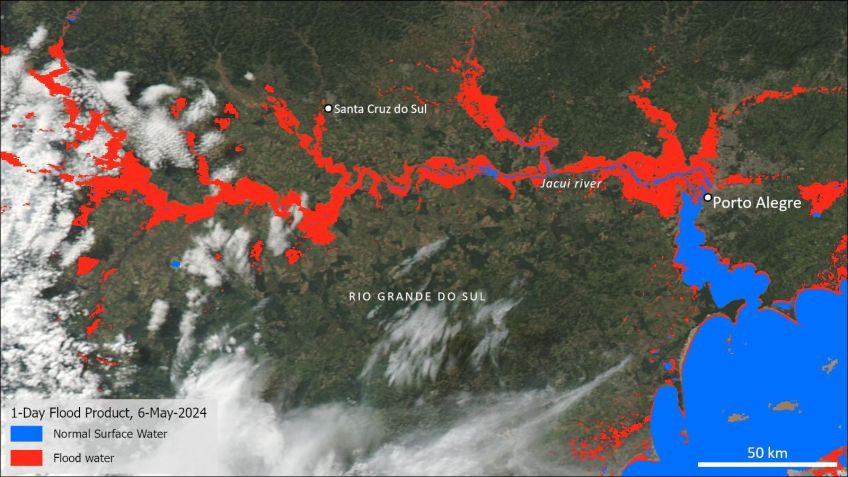 Imagem mostra, na cor azul, o nível normal dos rios que banham a Grande Porto Alegre e, em vermelho, como esses cursos d'água ficaram após as tempestades / Divulgação/Nasa