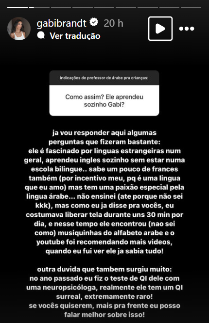 Explicação que Gabi Brandt publicou em seu Instagram nesta sexta-feira (10) / Reprodução/Instagram