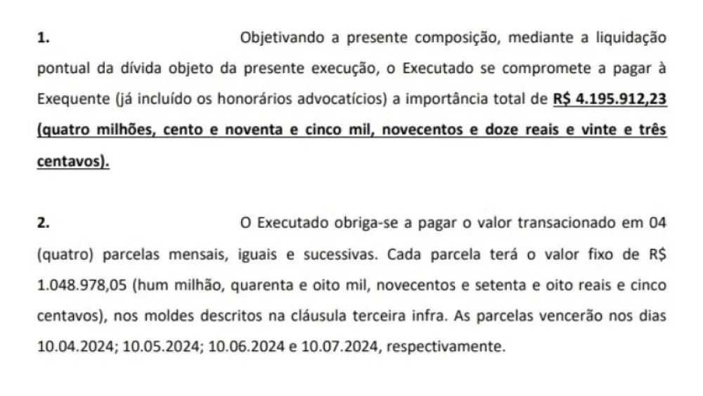 trecho de acordo com datas e forma de pagamento a Ronaldinho / Reprodução