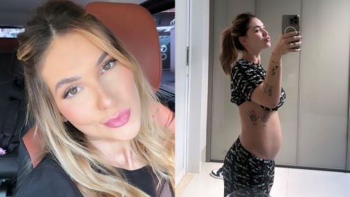 Montagem com uma selfie da influenciadora Virginia Fonseca e de uma foto da mesma no espelho mostrando sua barriga