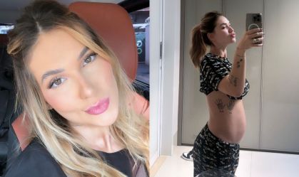 Montagem com uma selfie da influenciadora Virginia Fonseca e de uma foto da mesma no espelho mostrando sua barriga