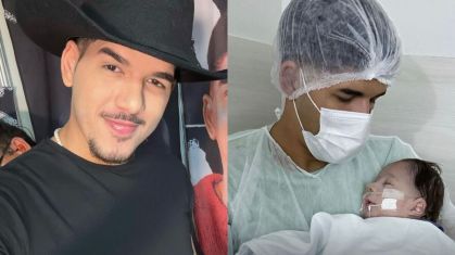 Montagem com fotos do cantor Zé Vaqueiro e dele com seu filho