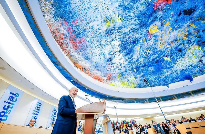 Presidente da República, Luiz Inácio Lula da Silva, durante Sessão de Encerramento do Fórum Inaugural da Coalizão Global para a Justiça Social no âmbito da 112a Conferência Internacional do Trabalho, no Palácio das Nações. Genebra, Suíça.