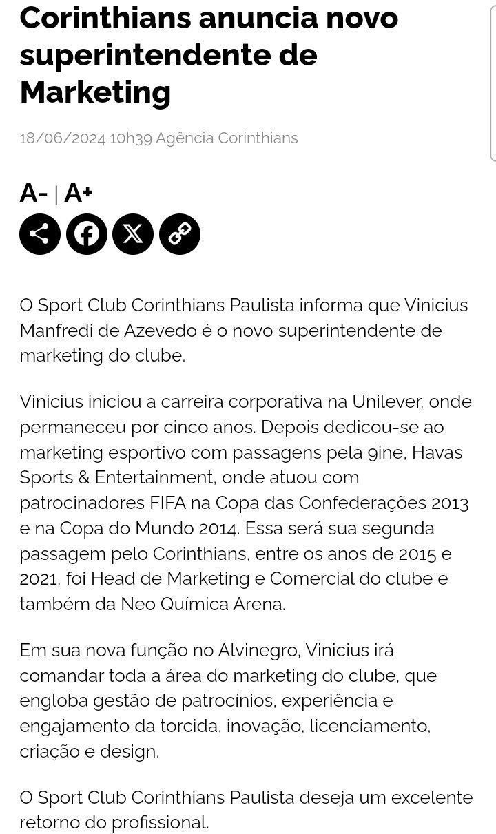 Corinthians oficializa Vinicius Manfredi como novo superintendente de marketing do clube / Reprodução/Corinthians