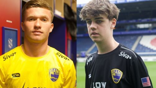 Enzo Garlet e Lucas Boaro com a camisa do Miami Dade FC, dos Estados Unidos