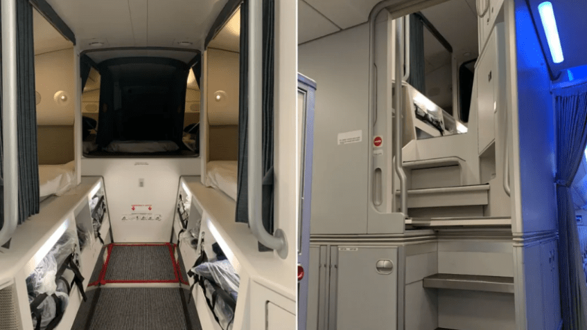 Uma imagem dividida de uma área de descanso da tripulação de cabine do Finnair A350. À direita está a entrada, que é acessada pela cozinha de proa / Divulgação / Aleksi Kousmanen/Finnair