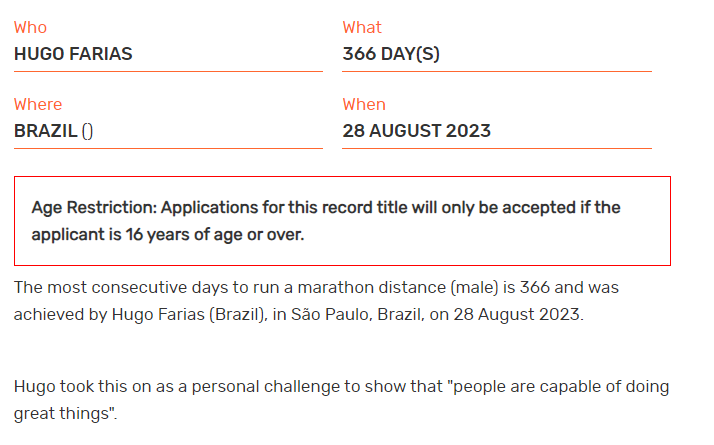 Hugo Farias entrou para o Livro dos Recordes ao completar 366 maratonas em 366 dias consecutivos / Reprodução/Guiness World of Records