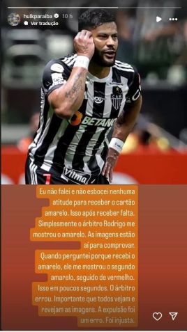 Hulk desabafa sobre expulsão contra o Palmeiras / Reprodução/Instagram