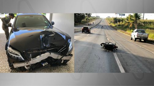 Frente do veículo de luxo ficou danificada após a batida; à direita, moto caída no chão após ser arrastada por 300 metros em Goiânia