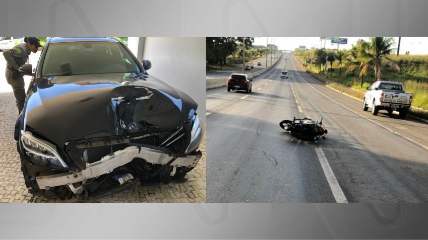 Frente do veículo de luxo ficou danificada após a batida; à direita, moto caída no chão após ser arrastada por 300 metros em Goiânia / Divulgação