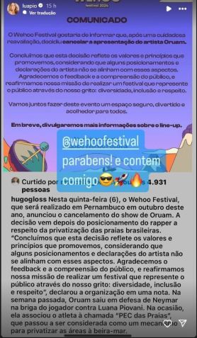 Luana Piovani comemora exclusão de Oruam em festival de música / Reprodução/Instagram