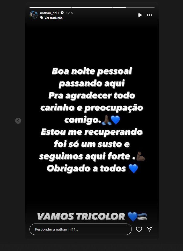 Nathan Fernandes tranquiliza torcedores após passar mal em campo / Reprodução/Instagram