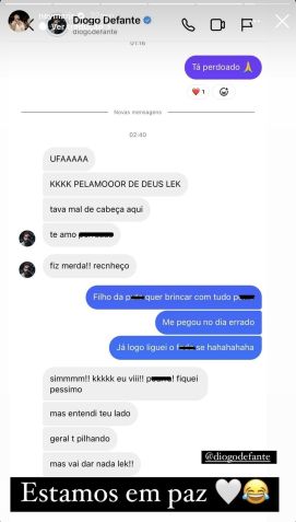 Neymar e Defante fazem as pazes e divulgam a conversa que selou a paz nas redes sociais / Reprodução/Twitter