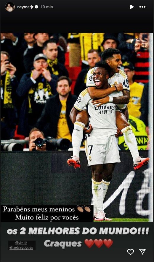 Neymar homenageia Vini Jr e Rodrygo com postagem nas redes sociais / Reprodução/Instagram