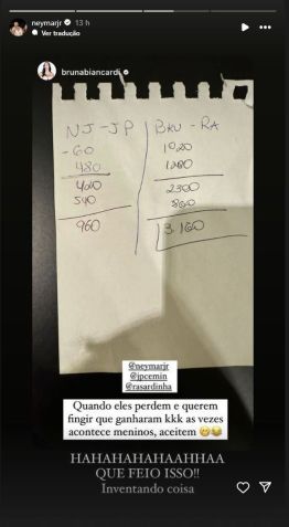 Neymar posta resultado de jogo com amigos e Bruna Biancardi / Reprodução/Instagram