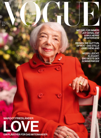 Edição especial da Vogue Alemanha destaca história da sobrevivente do holocausto Margot Friedländer / Reprodução/Vogue Alemanha Foto: Mark Peckmezian