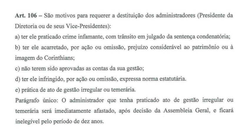 Artigo 106 do estatuto do Corinthians fala sobre saída de presidente / Estatuto do Corinthians