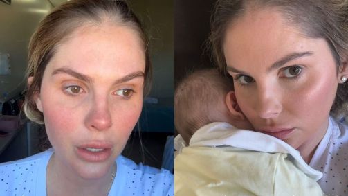 Montagem com fotos de Bárbara Evans e da influenciadora com seu filho