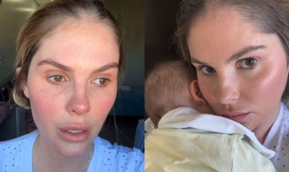 Montagem com fotos de Bárbara Evans e da influenciadora com seu filho