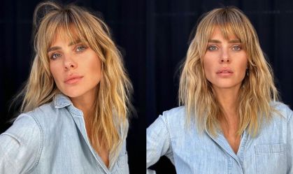 Carolina Dieckman apareceu de franja e com os cabelos ainda mais claros