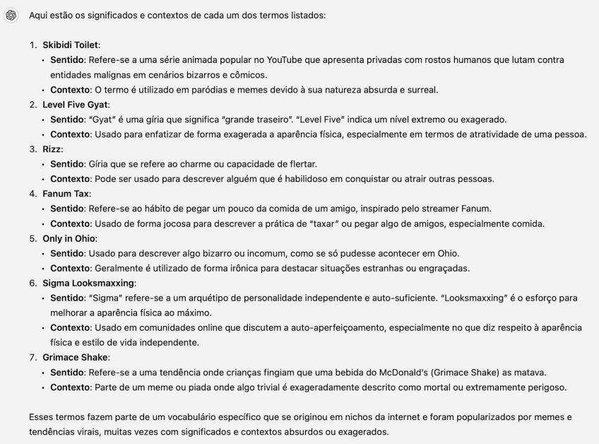 ChatGPT oferece definição de termos que têm sido atribuídos ao "brainrot" / Reprodução/ChatGPT