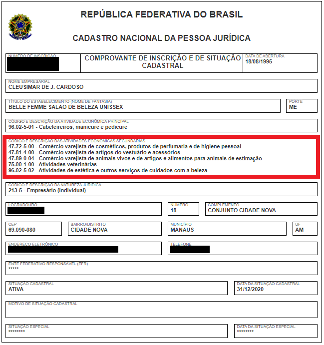 Cadastro de pessoa jurídica do salão Belle Femme aponta atividades veterinárias como fins econômicos secundários / Reprodução