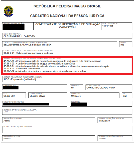 Cadastro de pessoa jurídica do salão Belle Femme aponta atividades veterinárias como fins econômicos secundários / Reprodução