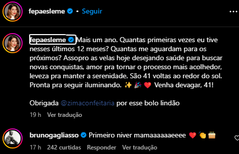 Comentário de Bruno Gagliasso no post de comemoração de aniversário de Fernanda Paes Leme / Instagram/Reprodução