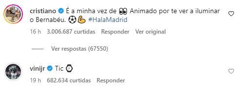 Cristiano Ronaldo e Vinicius Júnior comentaram publicação de Mbappé / Reprodução/Instagram