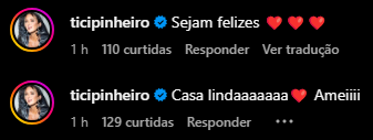 Comentário de Ticiane Pinheiro na publicação de Ana Hickmann / Reprodução/Instagram