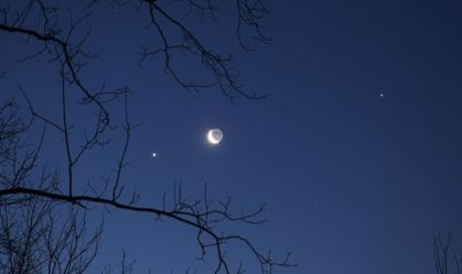 Crescent Moon, Venus, and Jupiter in Conjunction in Winter