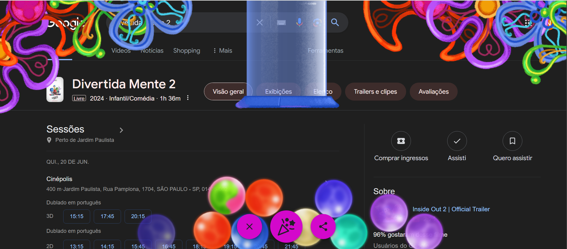 Busca sobre "Divertida Mente 2" no Google gera interação para usuários / Reprodução/ Google