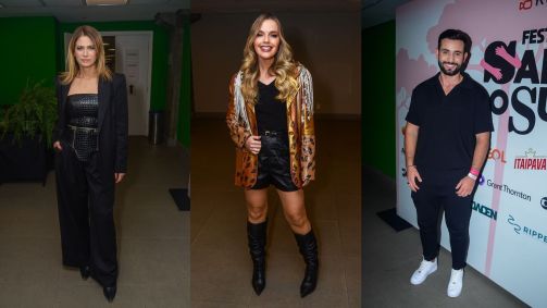Apresentadores da transmissão do festival Salve o Sul (esq. para a dir.): Didi Wagner, Thaeme e Matteus Amaral