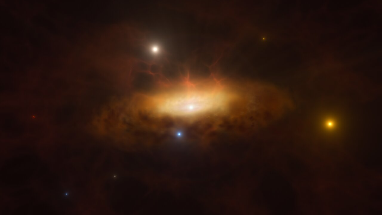 Simulação artística da galáxia SDSS1335+0728 acendendo no espaço