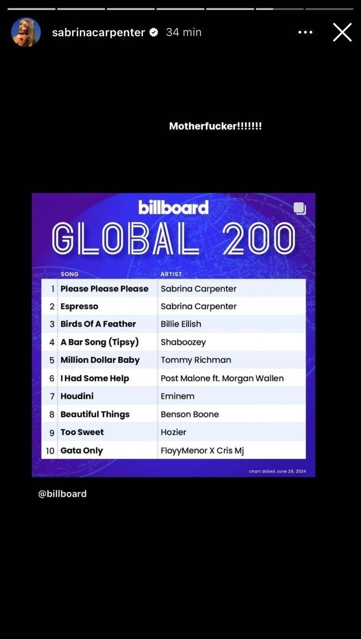 Sabrina Carpenter também compartilhou que suas canções lideram a Global 200 da Billboard / Instagram/Sabrina Carpenter