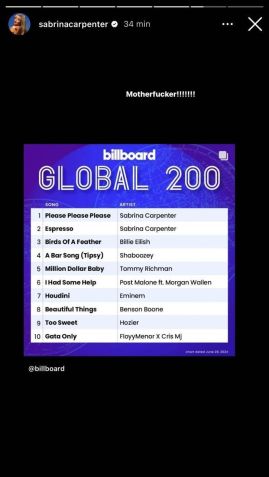 Sabrina Carpenter também compartilhou que suas canções lideram a Global 200 da Billboard / Instagram/Sabrina Carpenter