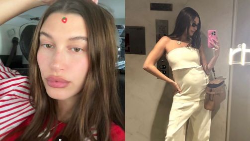 Montagem com duas selfies de Hailey Bieber