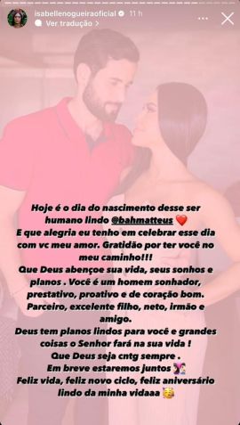 Isabelle Nogueira parabenizou Matteus Amaral por seu aniversário, nesta quinta (20) / Instagram/Isabelle Nogueira