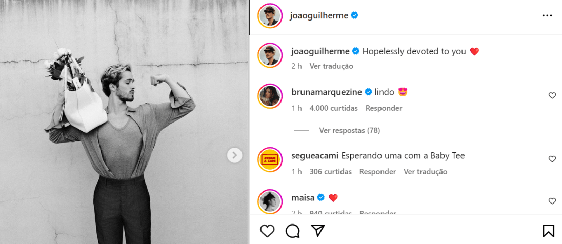 João Guilherme recebe comentário de Bruna Marquezine em publicação com frase romântica / Foto: Reprodução/Instagram